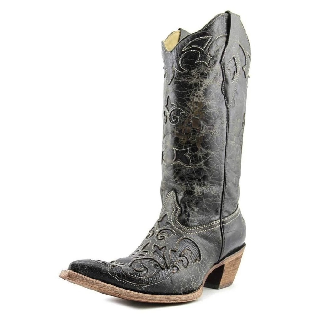 CORRAL WOMEN’S BLACK EMBROIDERED DISTRESSED WESTERN BOOTS - 6.5